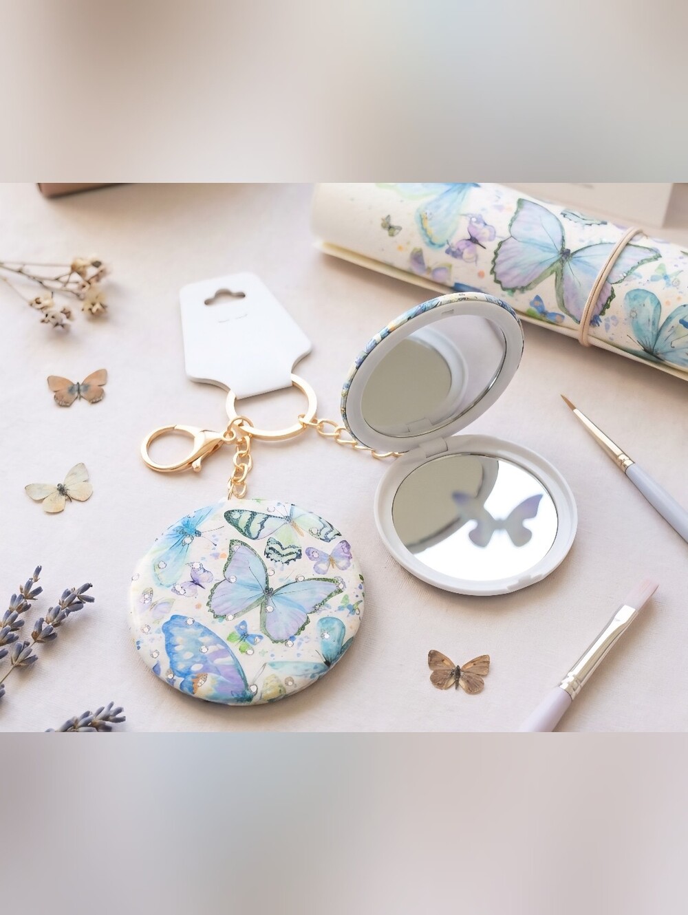 Butterfly Compact Mirror Keychain - Blue & Purple
